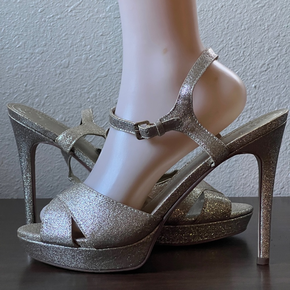 Guess Gold Glitter ‘Jordie’ Platform Strappy Heels - Size 9.5